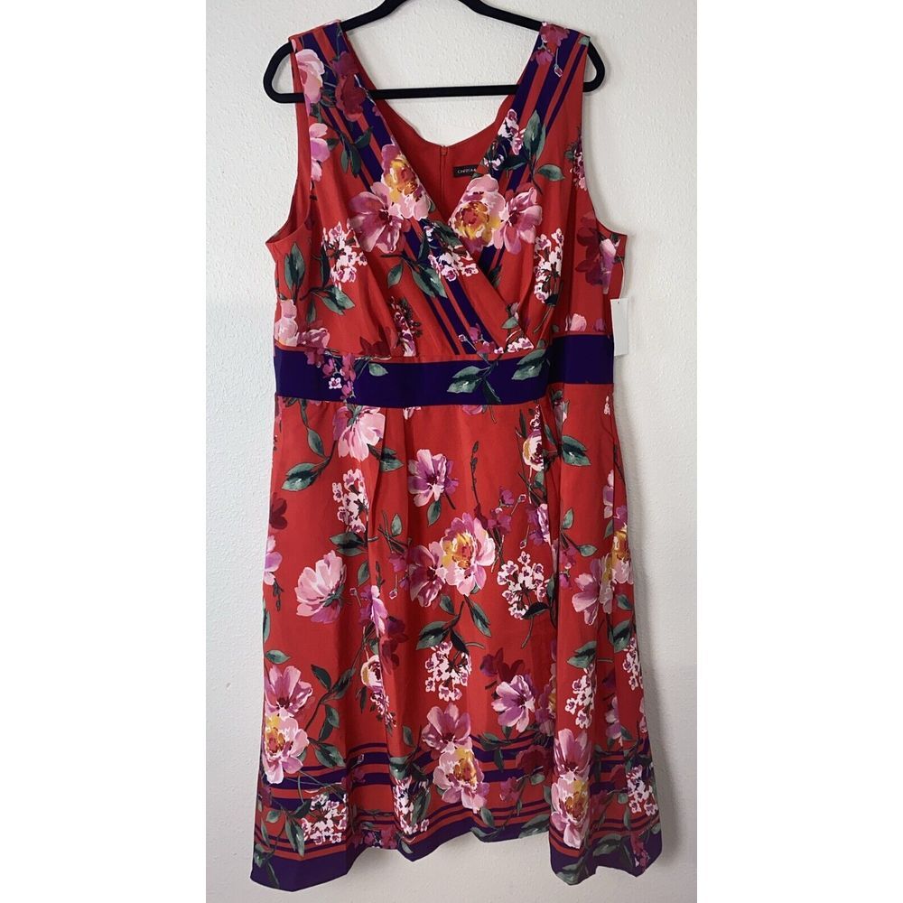 CHRIS McLaughlin Womens 20W Dress Red Floral Midi V Sleeveless A Line Faux Wrap‎